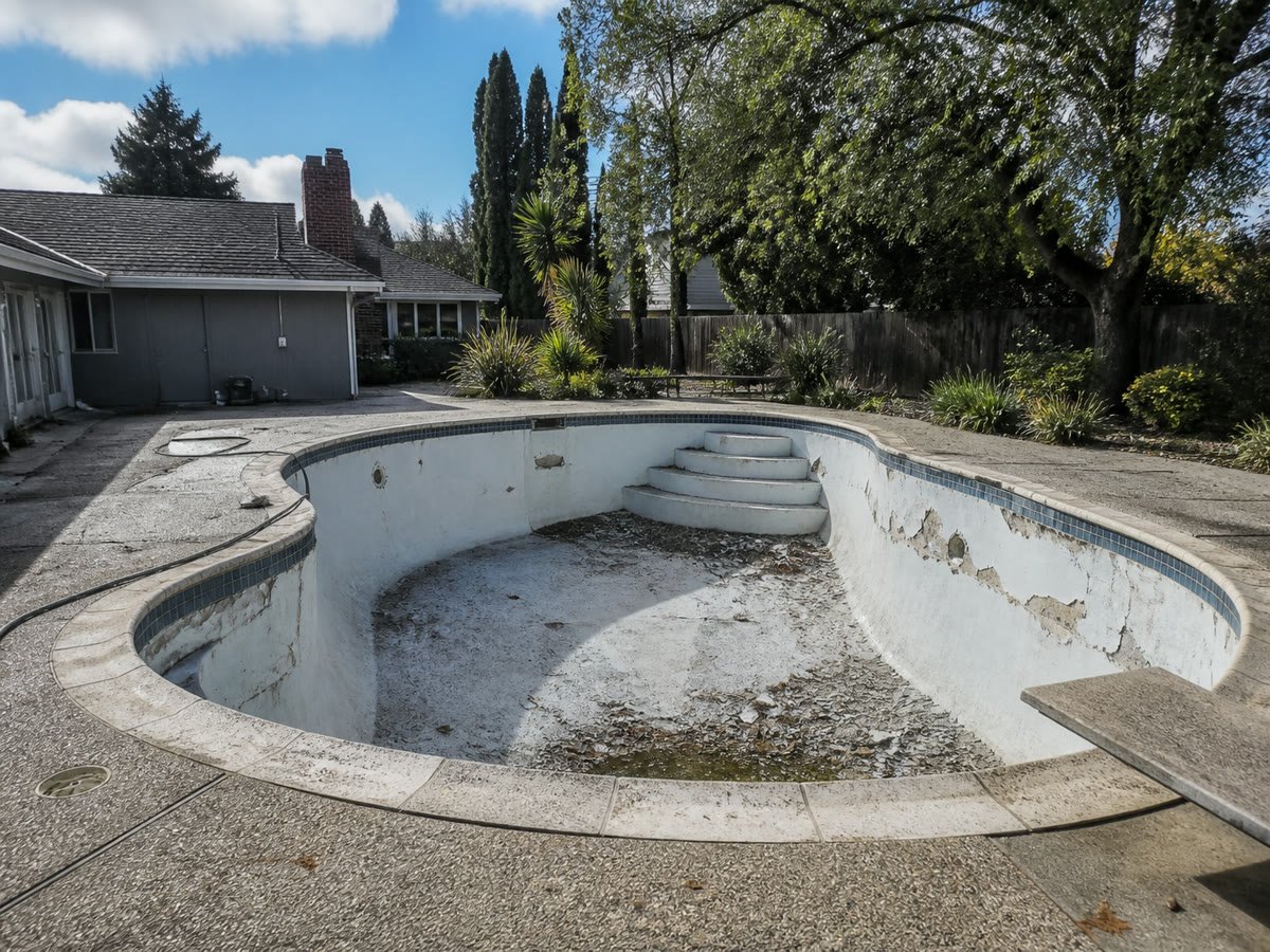 Drained and cracked residential pool before removal begins