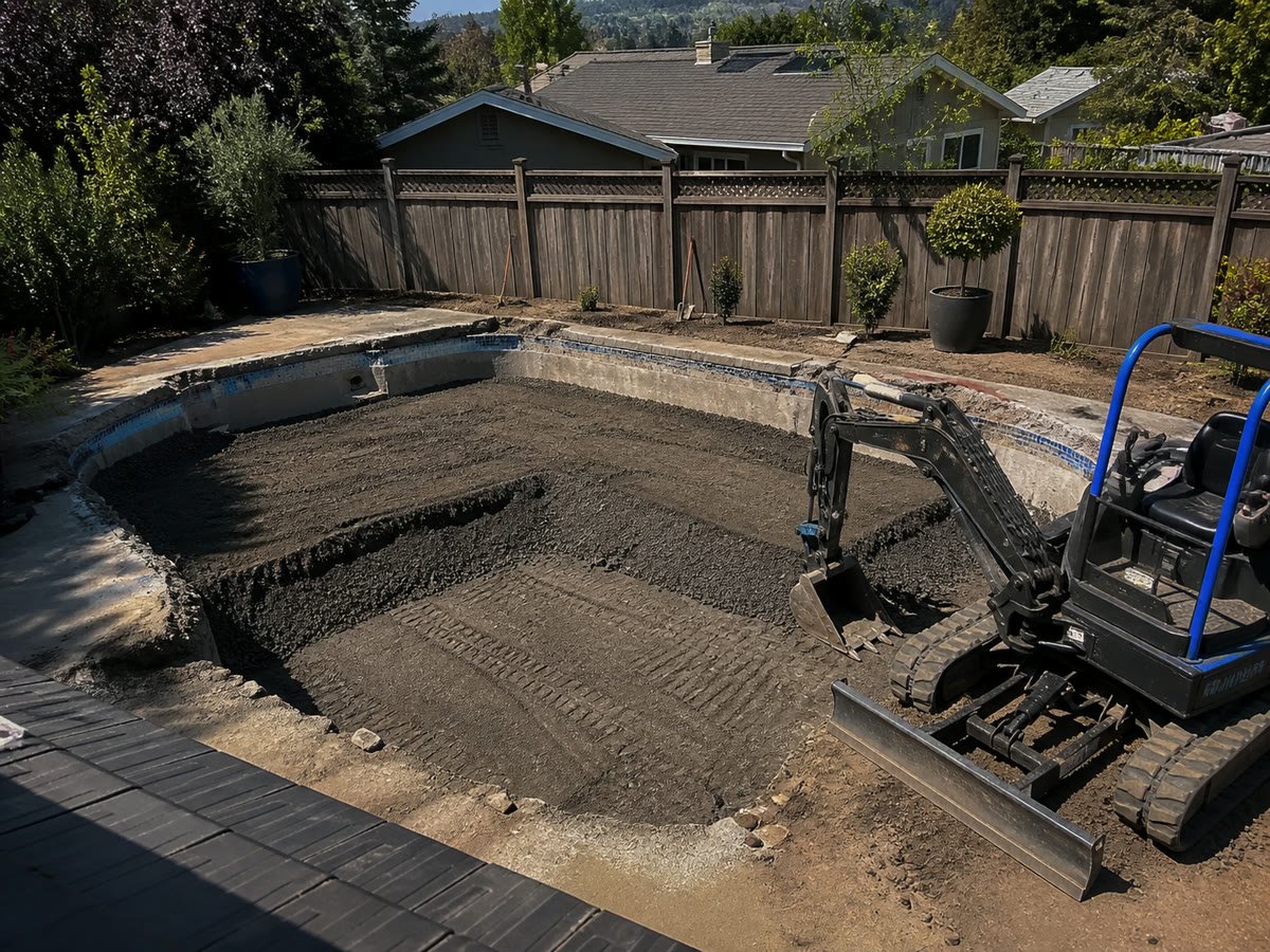 Pool cavity halfway backfilled with compacted layers visible