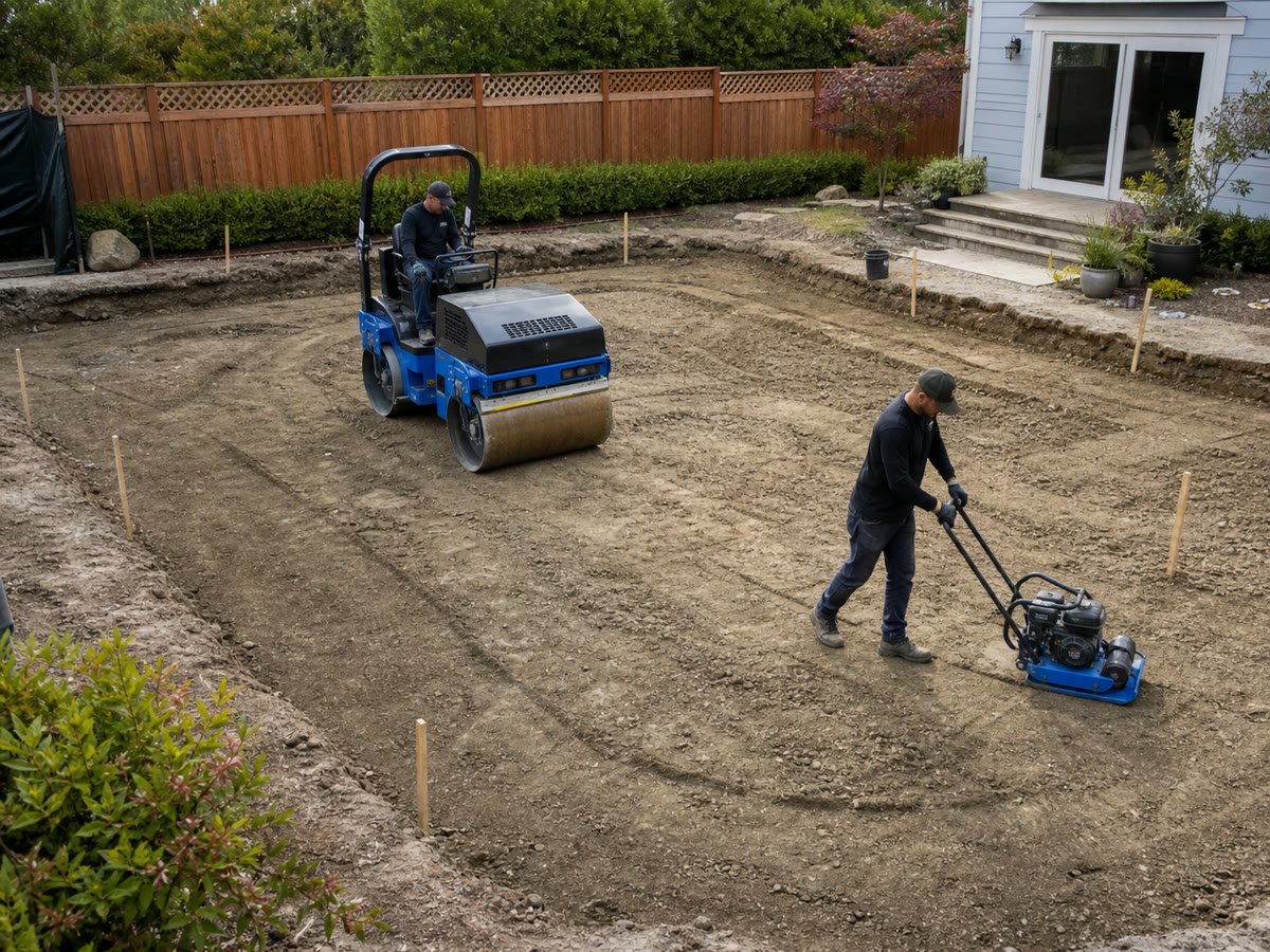 Backfill compacted in layers with grade stakes visible