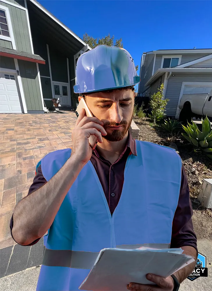 Legacy Demolition estimator on the phone with project schematics