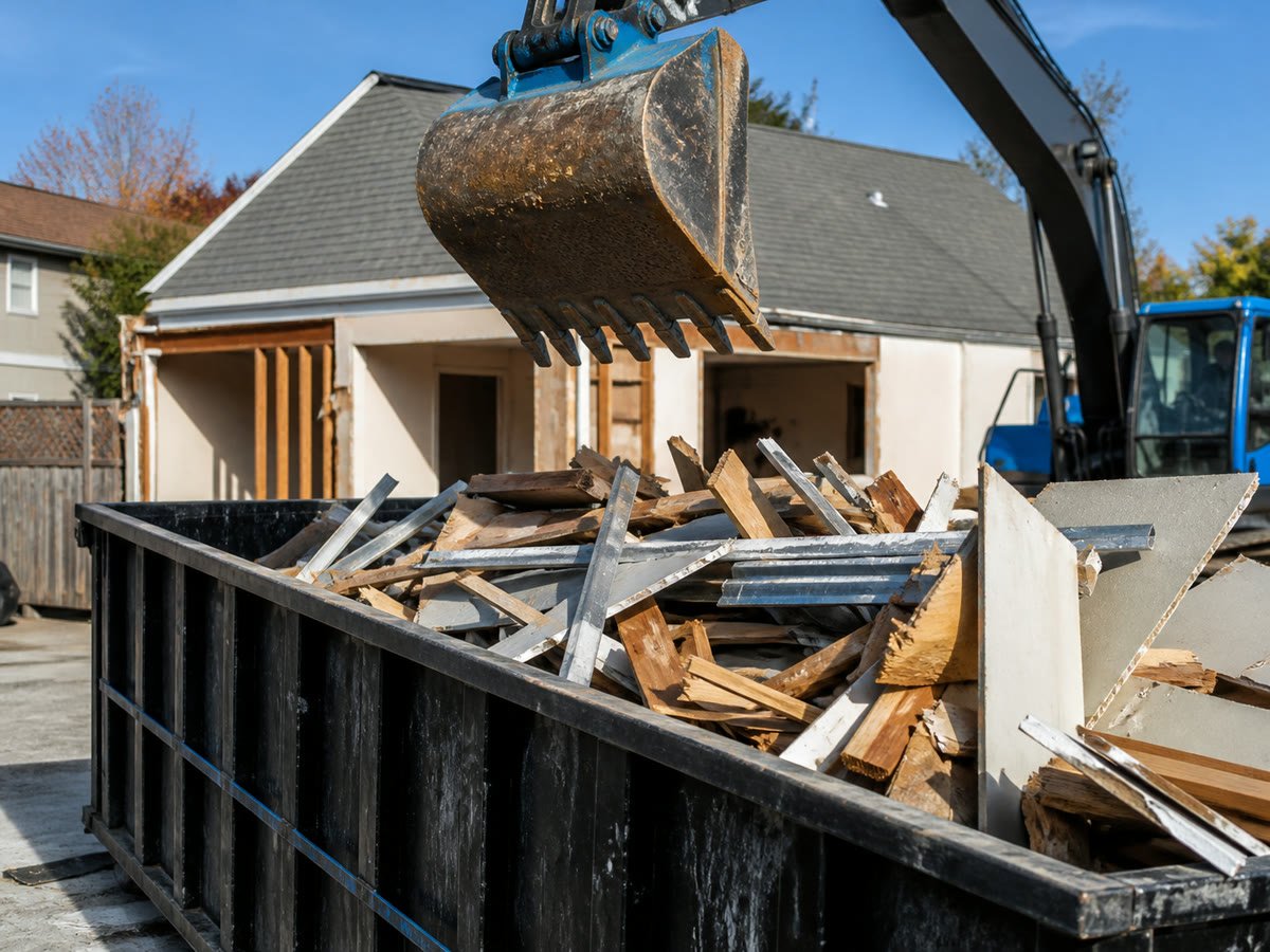 Roll off container loaded with sorted residential demolition material