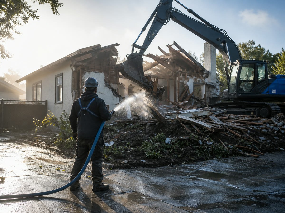 Water used for dust suppression while the roof and wall come down
