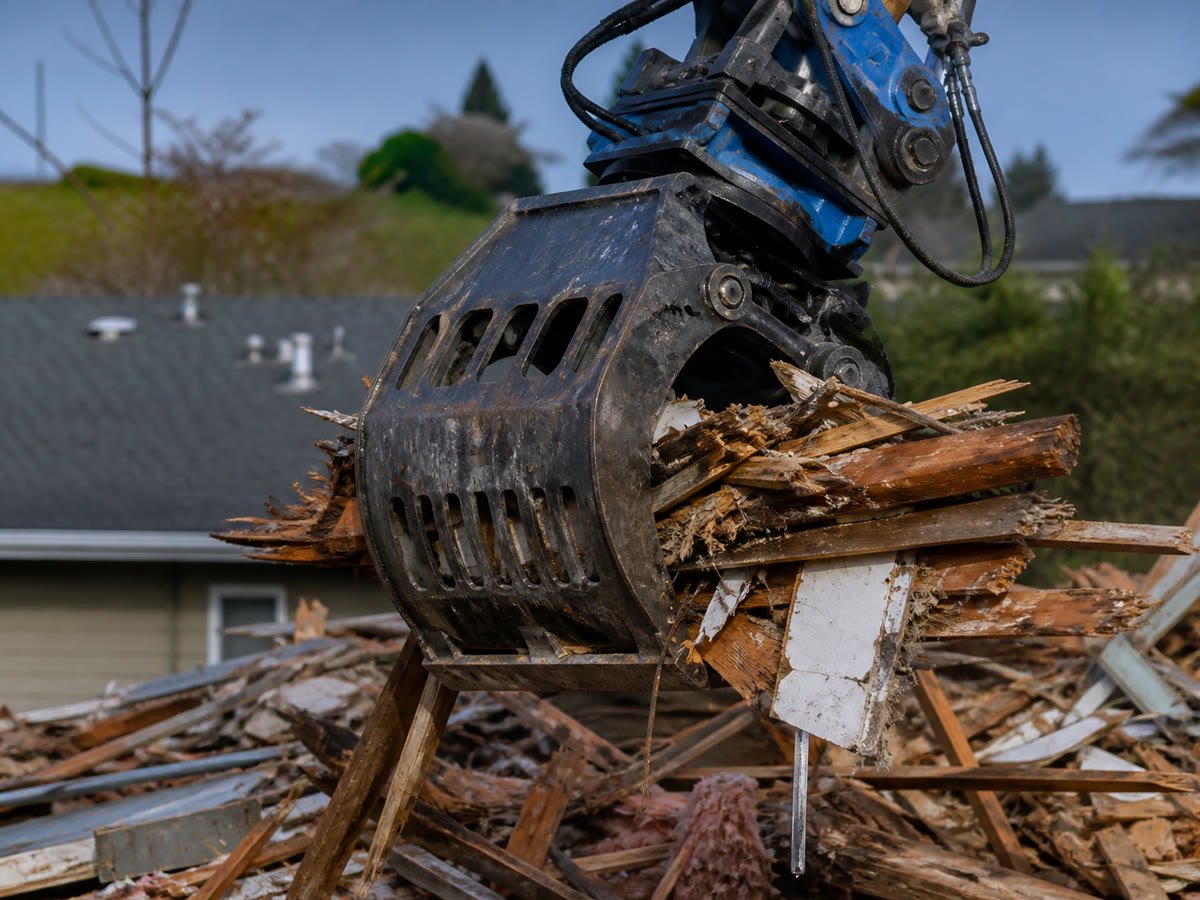 Hydraulic grapple holding broken timber over a sorted debris pile