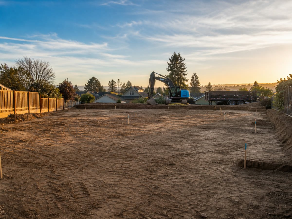 Compacted foundation ready site with grade stakes and dump trailer