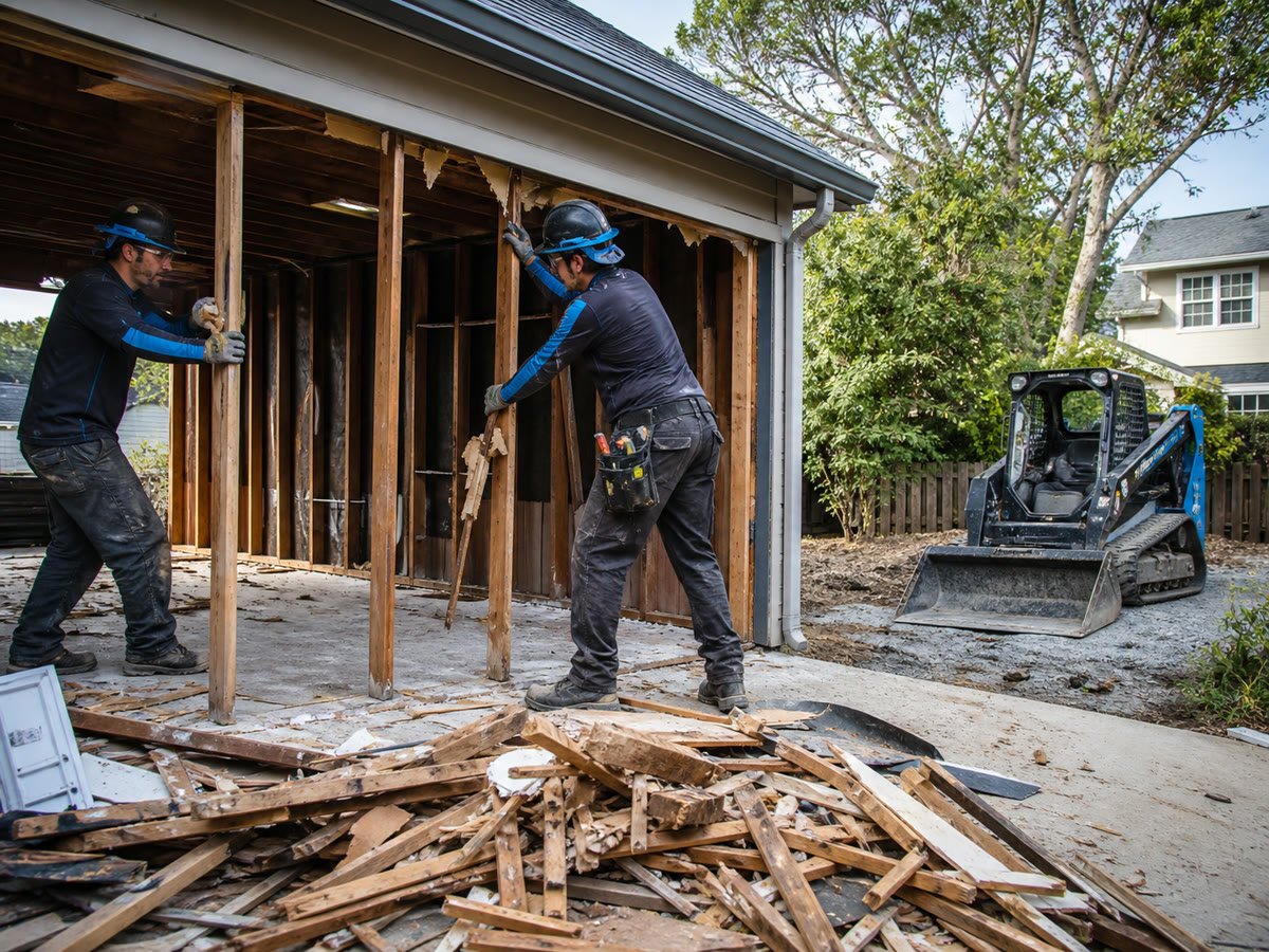 Crew removing a detached garage with a compact skid steer standing by