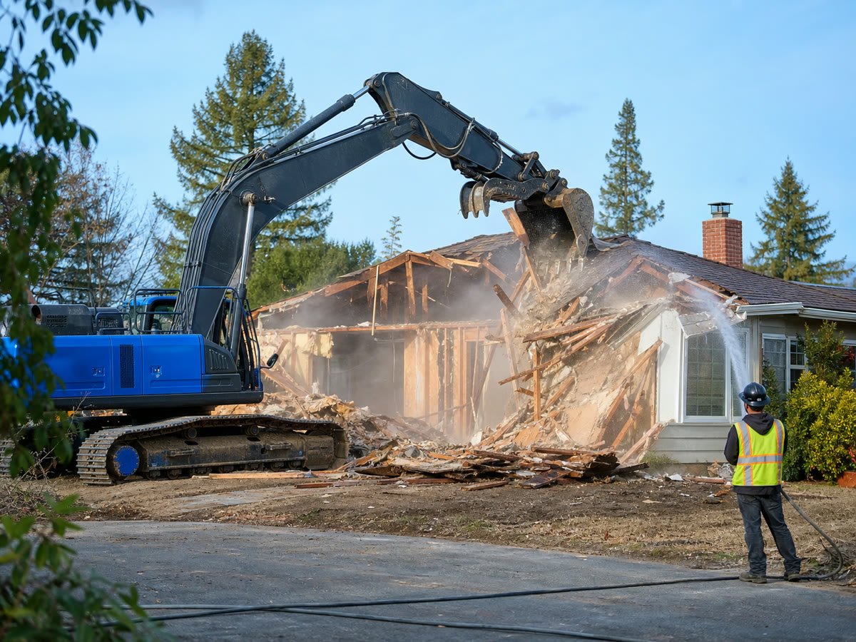 Excavator taking down a single story home with a safety spotter on site