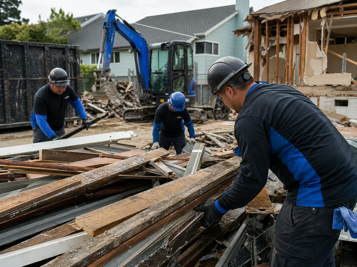 Recyclable lumber and metal sorted beside a partially removed home