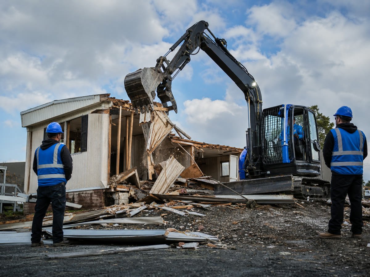 Mobile home carefully dismantled by excavator with the crew directing