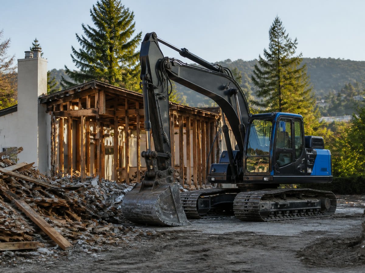 Partially demolished house with exposed timber and controlled debris
